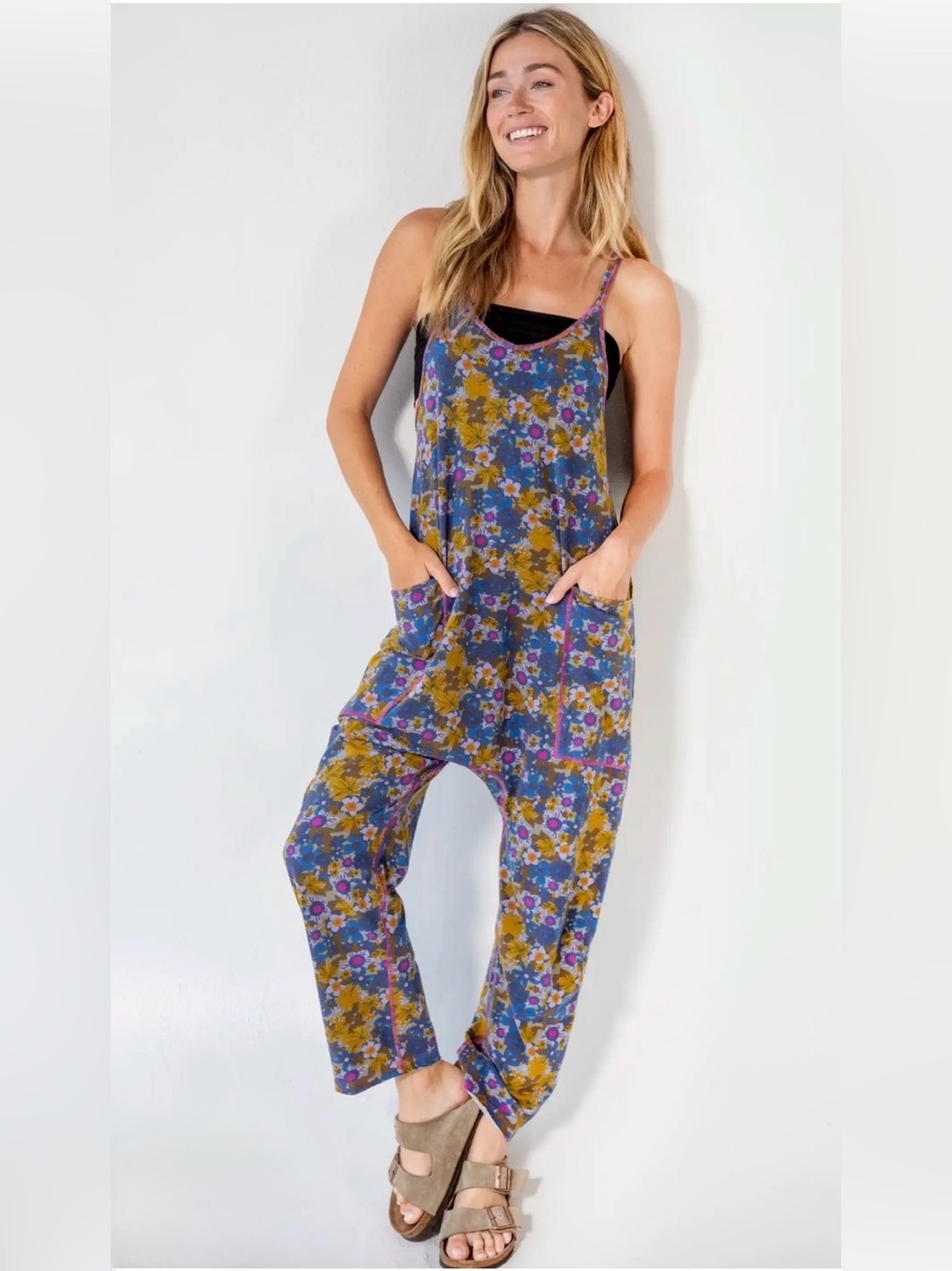 NATURAL LIFE Blue Floral Patterned Jumpsuit with Mustard Accents